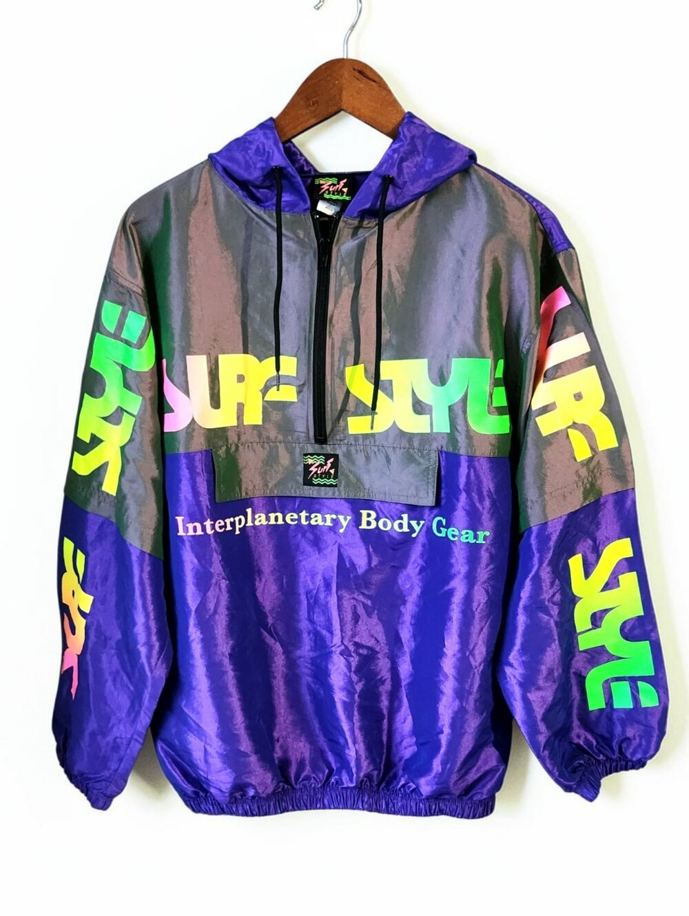 90s Surf Style 1/4 Zip Windbreaker Jacket Iridescent Purple Neon  M Pouch Pocket